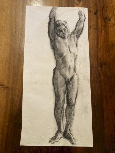 Grand Dessin Homme Nu Debout 1960 Mine Plomb Fusain À Identifier Art XXe