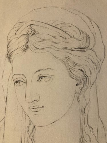 Grand Dessin  Mine De Plomb Crayon femme XIXe portrait 1850 Cheveux