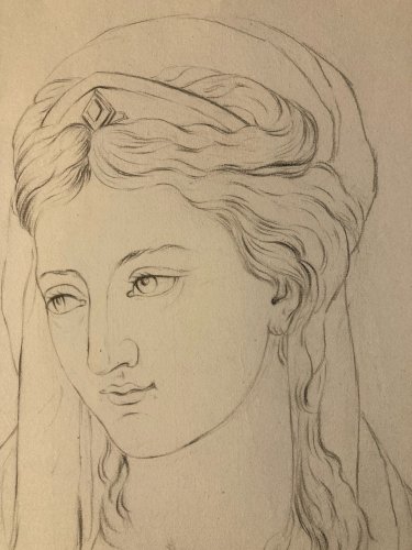 Grand Dessin  Mine De Plomb Crayon femme XIXe portrait 1850 Cheveux