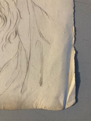 Grand Dessin  Mine De Plomb Crayon femme XIXe portrait 1850 Cheveux