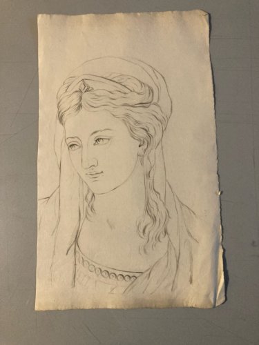 Grand Dessin  Mine De Plomb Crayon femme XIXe portrait 1850 Cheveux