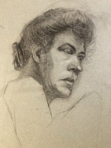 Grand Dessin  Mine De Plomb Crayon femme XIXe portrait 1850 Étude Art