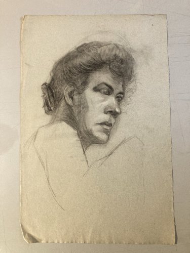 Grand Dessin  Mine De Plomb Crayon femme XIXe portrait 1850 Étude Art