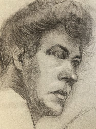 Grand Dessin  Mine De Plomb Crayon femme XIXe portrait 1850 Étude Art