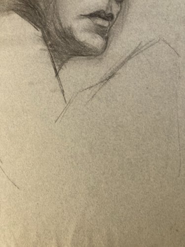 Grand Dessin  Mine De Plomb Crayon femme XIXe portrait 1850 Étude Art