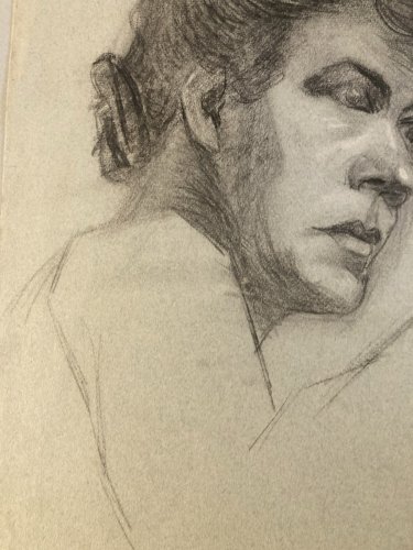 Grand Dessin  Mine De Plomb Crayon femme XIXe portrait 1850 Étude Art