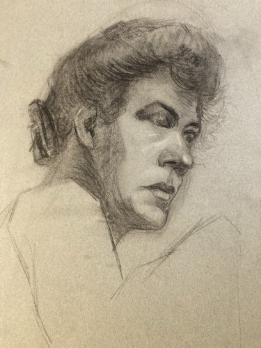 Grand Dessin  Mine De Plomb Crayon femme XIXe portrait 1850 Étude Art