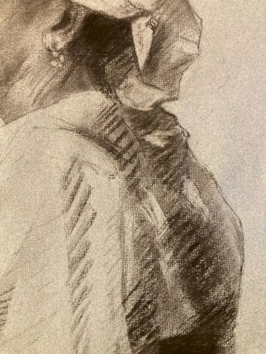 Grand Dessin Mine De Plomb xixe Crayon portrait femme art buste 1888 Drawing Old