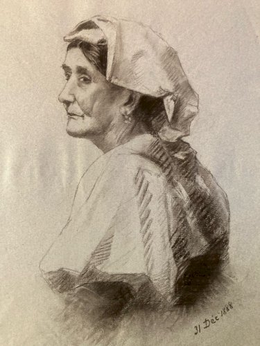 Grand Dessin Mine De Plomb xixe Crayon portrait femme art buste 1888 Drawing Old