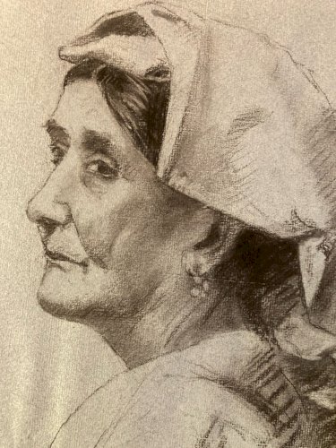 Grand Dessin Mine De Plomb xixe Crayon portrait femme art buste 1888 Drawing Old
