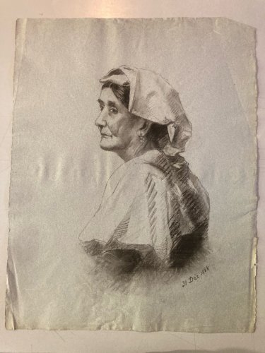 Grand Dessin Mine De Plomb xixe Crayon portrait femme art buste 1888 Drawing Old