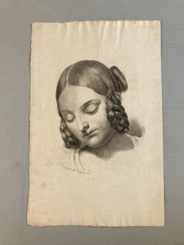 Grand Dessin Mine De Plomb xixe Crayon portrait jeune femme art buste