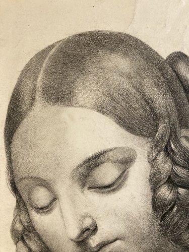 Grand Dessin Mine De Plomb xixe Crayon portrait jeune femme art buste