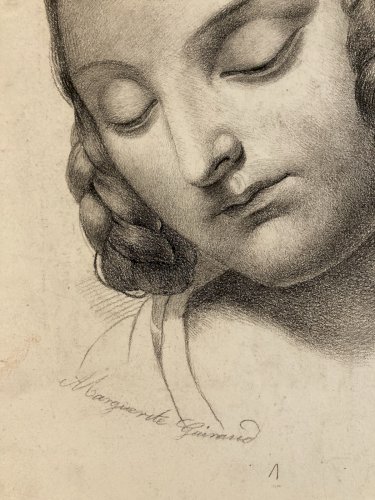 Grand Dessin Mine De Plomb xixe Crayon portrait jeune femme art buste