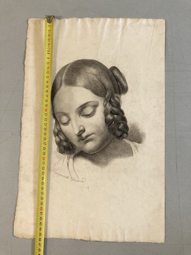 Grand Dessin Mine De Plomb xixe Crayon portrait jeune femme art buste