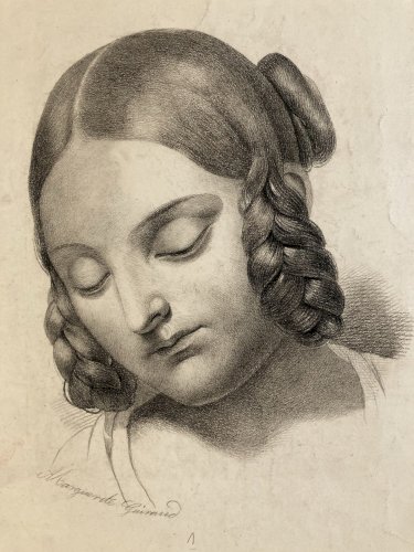 Grand Dessin Mine De Plomb xixe Crayon portrait jeune femme art buste