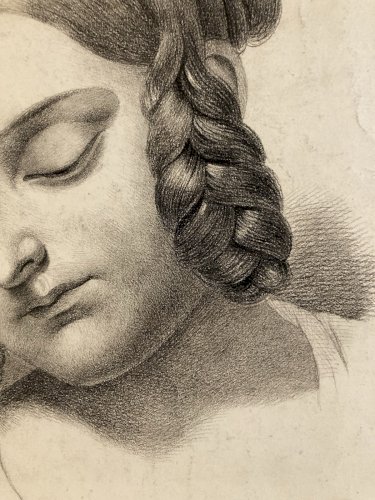 Grand Dessin Mine De Plomb xixe Crayon portrait jeune femme art buste