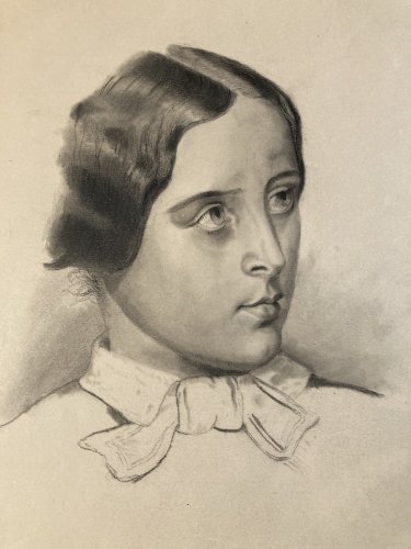 Grand Dessin Mine De Plomb xixe fusain portrait jeune femme art buste
