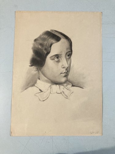 Grand Dessin Mine De Plomb xixe fusain portrait jeune femme art buste