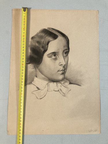 Grand Dessin Mine De Plomb xixe fusain portrait jeune femme art buste