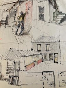 Grand Dessin Original Peinture Architecture Gouache Papier Art 1980