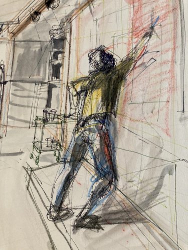 Grand Dessin Original Peinture Architecture Gouache Papier Art 1980