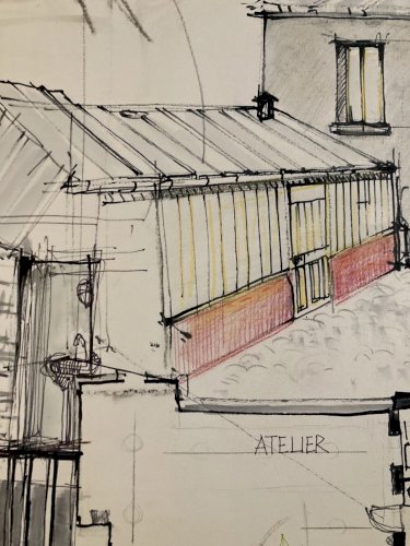 Grand Dessin Original Peinture Architecture Gouache Papier Art 1980