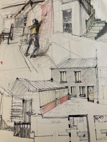 Grand Dessin Original Peinture Architecture Gouache Papier Art 1980