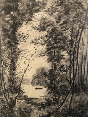 Grand Dessin XIXe 1850 crayon Bateau Barque Romantisme Arbre Ancien A Identifier