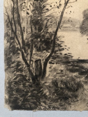 Grand Dessin XIXe 1850 crayon Bateau Barque Romantisme Arbre Ancien A Identifier