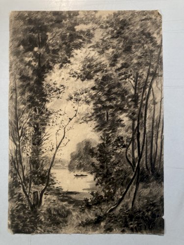 Grand Dessin XIXe 1850 crayon Bateau Barque Romantisme Arbre Ancien A Identifier