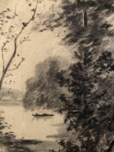 Grand Dessin XIXe 1850 crayon Bateau Barque Romantisme Arbre Ancien A Identifier