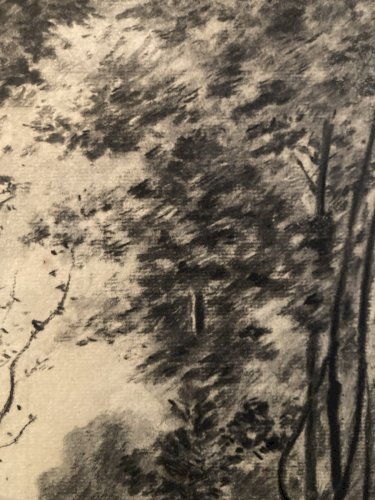 Grand Dessin XIXe 1850 crayon Bateau Barque Romantisme Arbre Ancien A Identifier