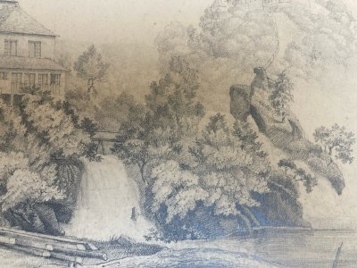 Grand Dessin XIXe 1850 crayon Chute Du Rhône Rhin Laufen Ancien A Identifier Art