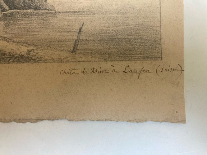 Grand Dessin XIXe 1850 crayon Chute Du Rhône Rhin Laufen Ancien A Identifier Art