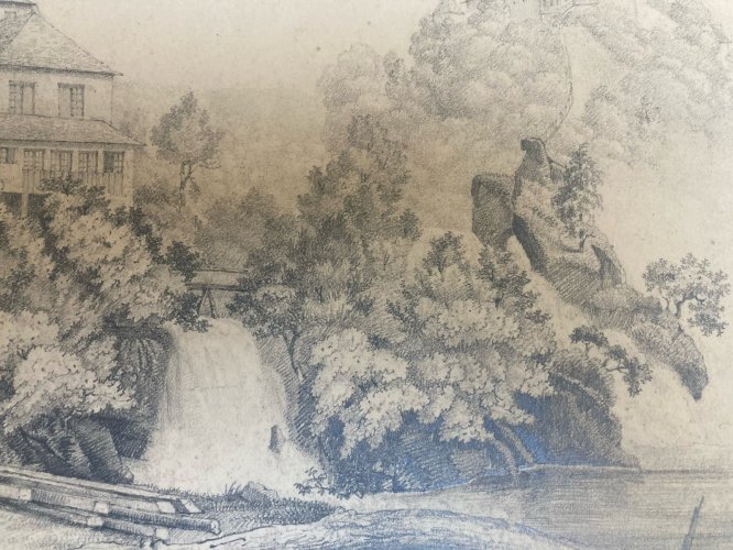 Grand Dessin XIXe 1850 crayon Chute Du Rhône Rhin Laufen Ancien A Identifier Art
