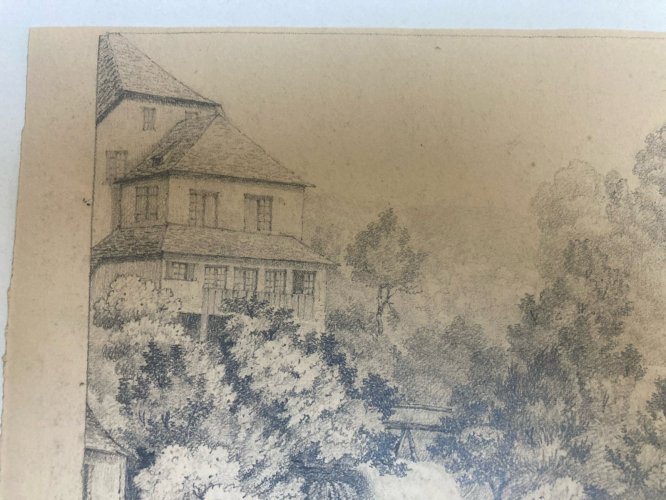 Grand Dessin XIXe 1850 crayon Chute Du Rhône Rhin Laufen Ancien A Identifier Art