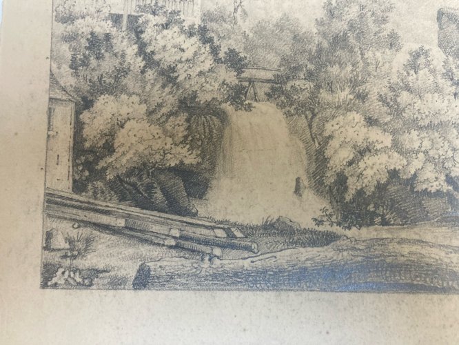 Grand Dessin XIXe 1850 crayon Chute Du Rhône Rhin Laufen Ancien A Identifier Art