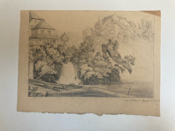 Grand Dessin XIXe 1850 crayon Chute Du Rhône Rhin Laufen Ancien A Identifier Art