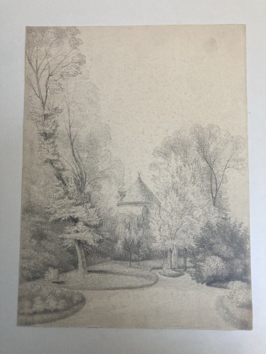 Grand Dessin XIXe 1850 crayon Jardin Tour Romantisme Arbre Ancien A Identifier