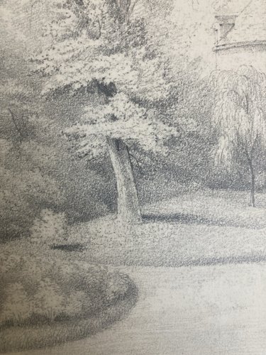 Grand Dessin XIXe 1850 crayon Jardin Tour Romantisme Arbre Ancien A Identifier