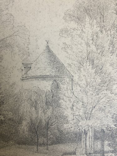 Grand Dessin XIXe 1850 crayon Jardin Tour Romantisme Arbre Ancien A Identifier