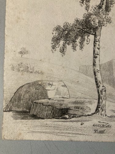 Grand Dessin XIXe 1850 crayon Paysage Arbre Ancien A Identifier Feuille Étude