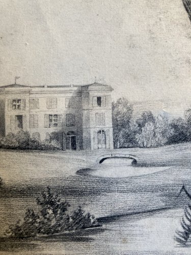 Grand Dessin XIXe 1850 crayon Paysage Etude Arbre Ancien A Identifier Château