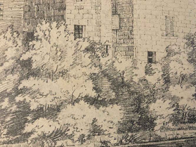 Grand Dessin XIXe 1850 crayon Paysage Maison Arbre Forêt Ancien A Identifier Art