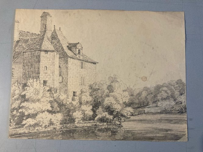 Grand Dessin XIXe 1850 crayon Paysage Maison Arbre Forêt Ancien A Identifier Art