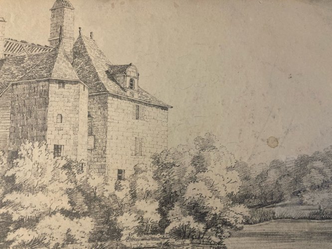 Grand Dessin XIXe 1850 crayon Paysage Maison Arbre Forêt Ancien A Identifier Art