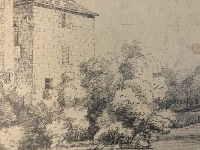 Grand Dessin XIXe 1850 crayon Paysage Maison Arbre Forêt Ancien A Identifier Art