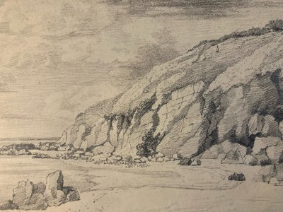 Grand Dessin XIXe 1850 crayon Paysage Océan Bretagne Cote Ancien A Identifier