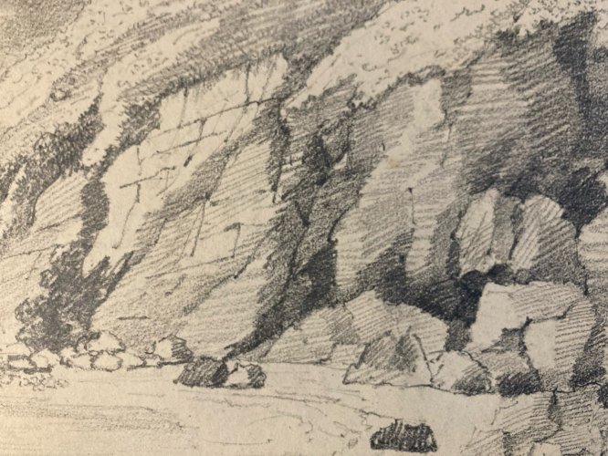 Grand Dessin XIXe 1850 crayon Paysage Océan Bretagne Cote Ancien A Identifier